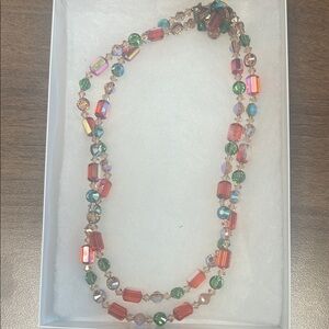 Vintage Glass Beaded Necklace with Red/Green Accents with aurora borealis hues